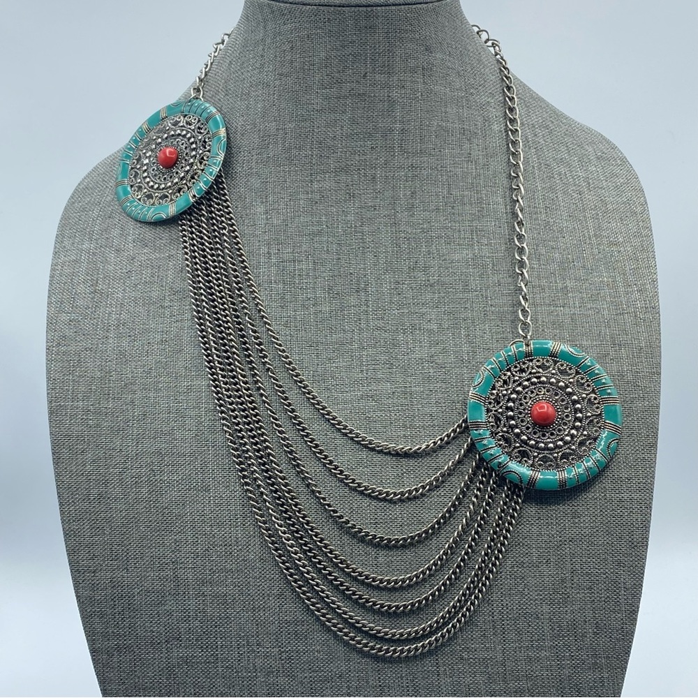 Silver Tone Etruscan Style Necklace Teal Mandala Disc Swag Statement Bohemian